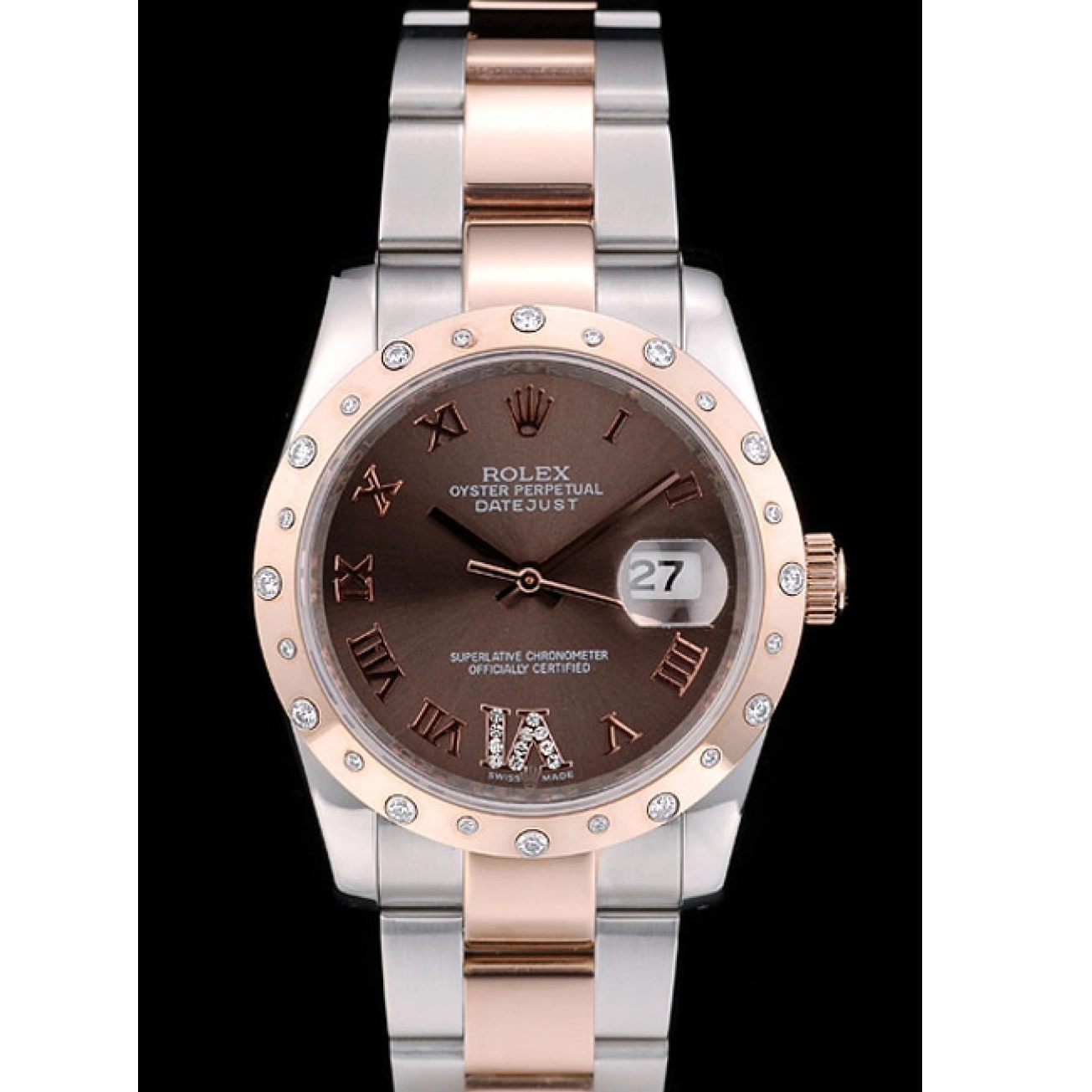 Rolex aaa copy Brown 41994 Dial Brushed DateJust Diamond Stainless Case Plated Rolex Steel 0825